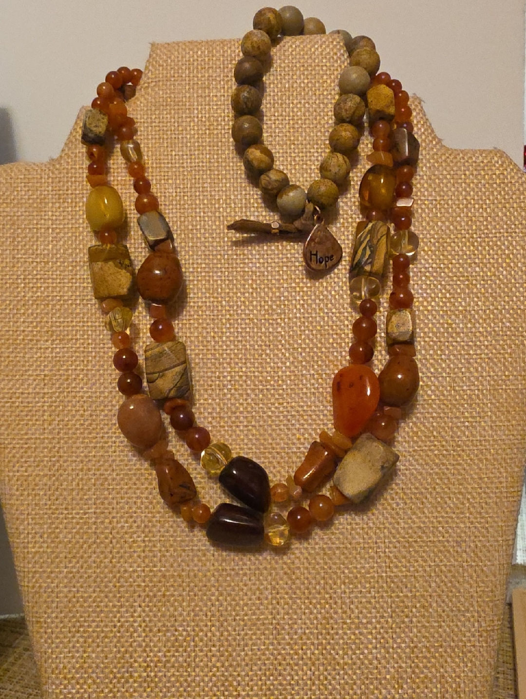 Earth-Toned Double-Strand Beaded Necklace With Bracele'hope' Charm